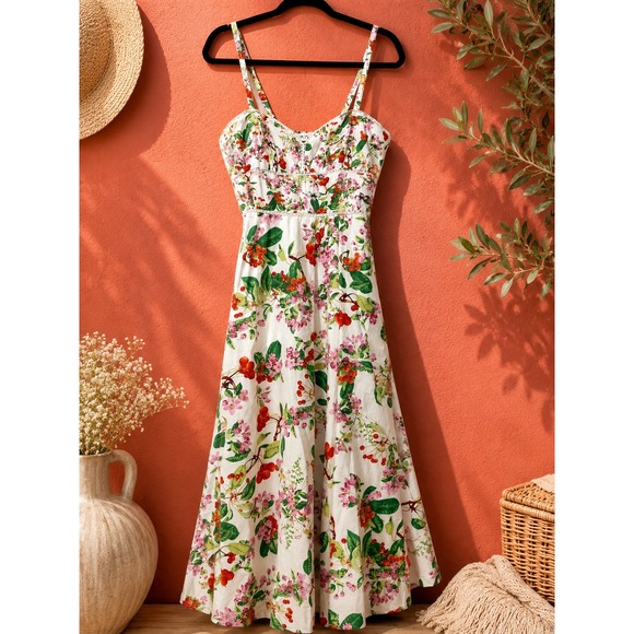 Taylor Dresses & Skirts - Taylor Women Floral Cherry Print Midi Dress White Red Sweetheart Neck Pockets